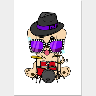 Cute golden retriever jamming on the drums Posters and Art